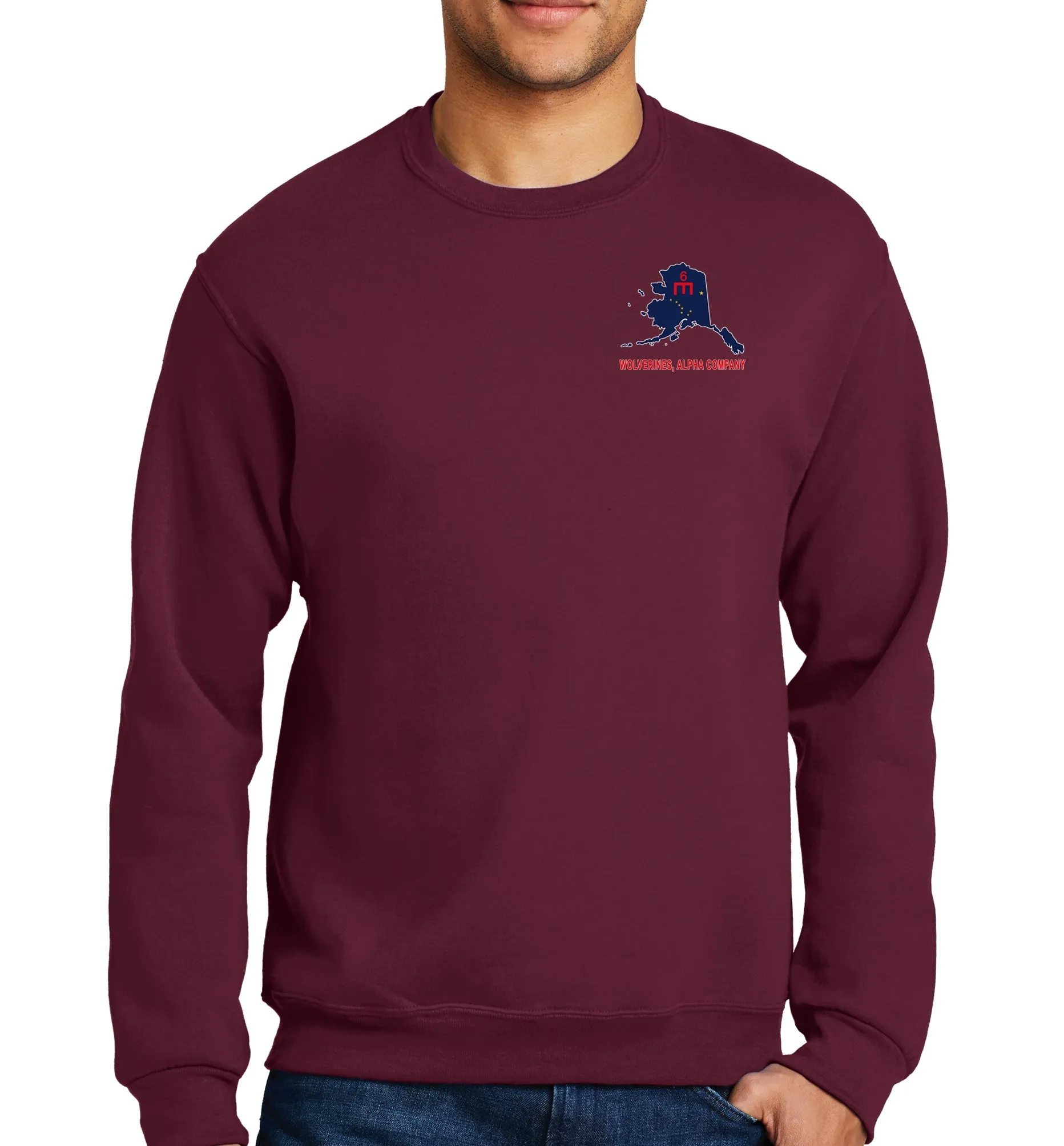 50-50 Blend Maroon Crewneck Unisex Sweatshirt (White Design). This shirt IS approved for PT.