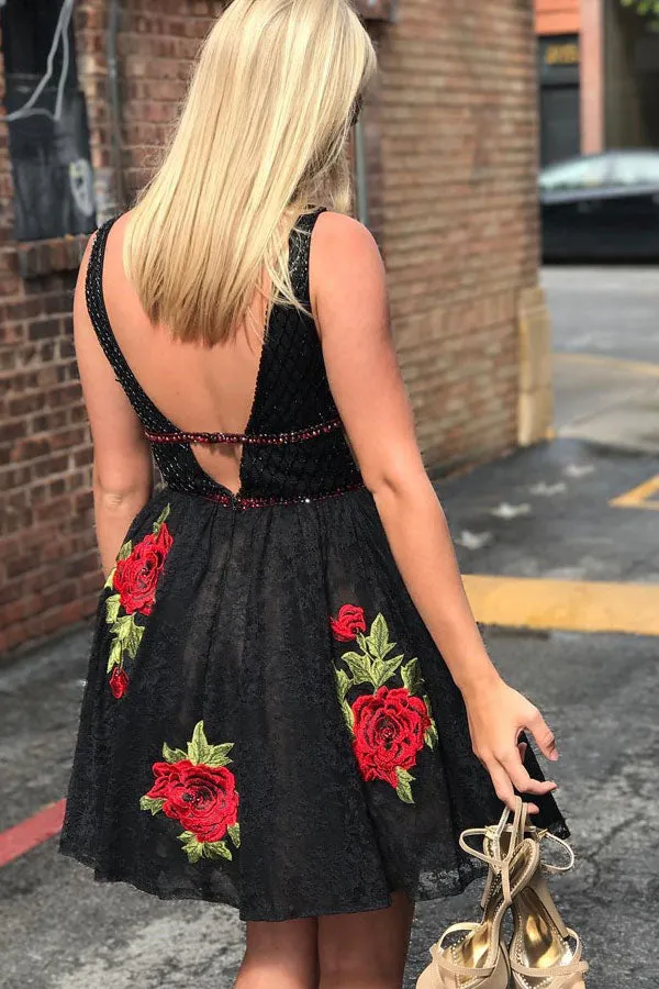 Black Lace Floral Embroidered Junior Homecoming Dresses | Short Party Dresses, SH449