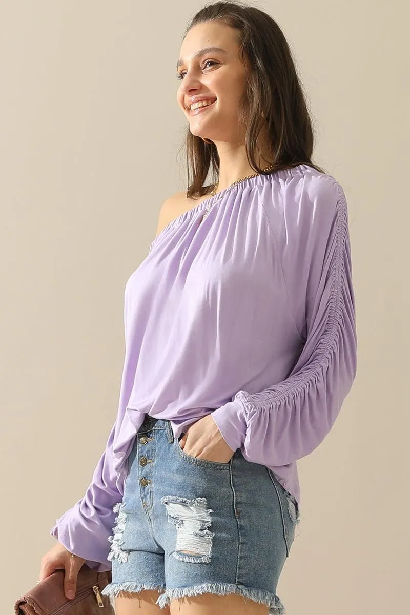 BOAT NECK SHRRING LONG SLEEVE TOP