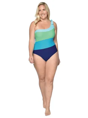 On shoulder one piece color block tank swim suit