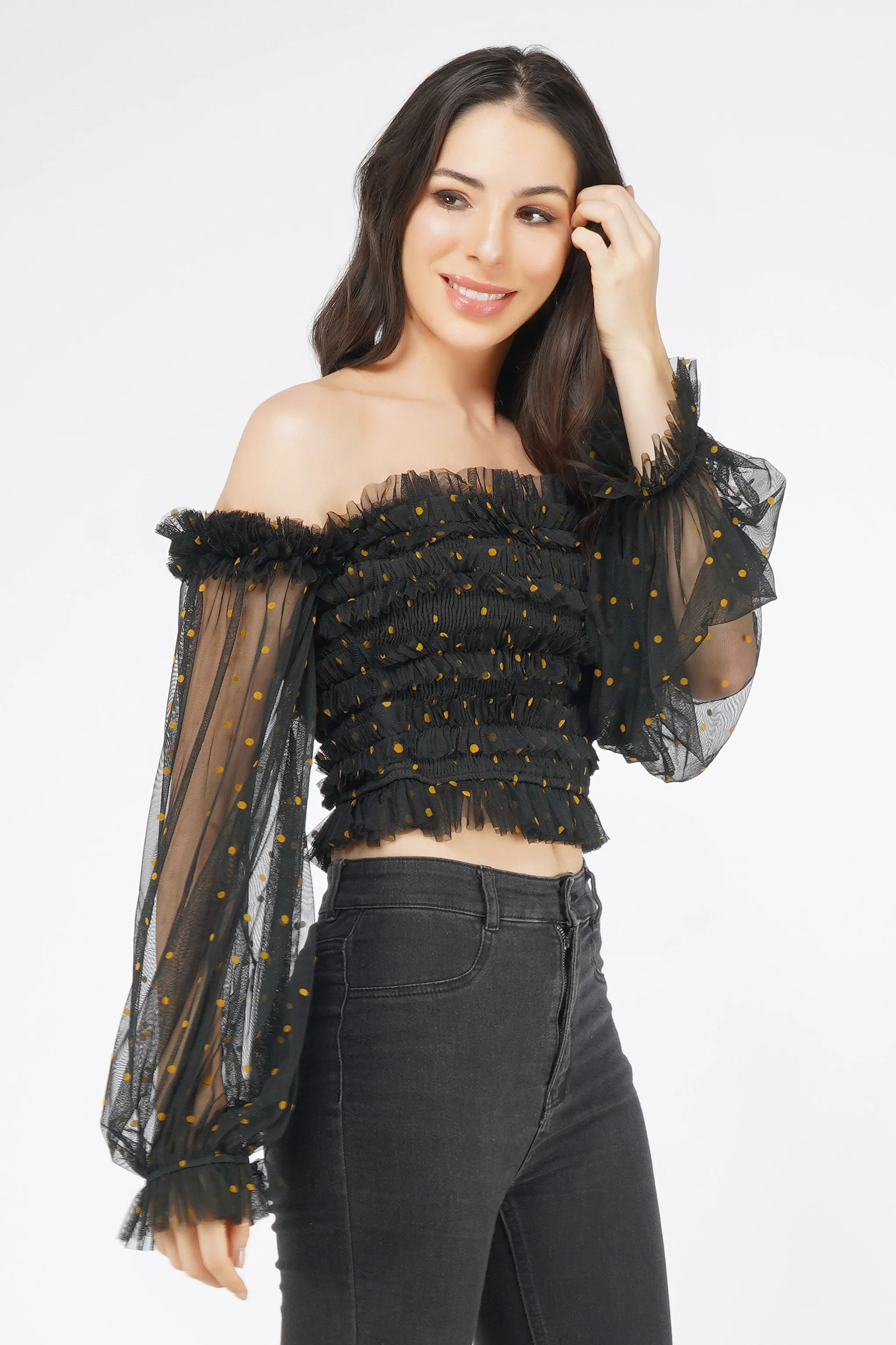 Rolf Black Tulle Top with Gold Polka