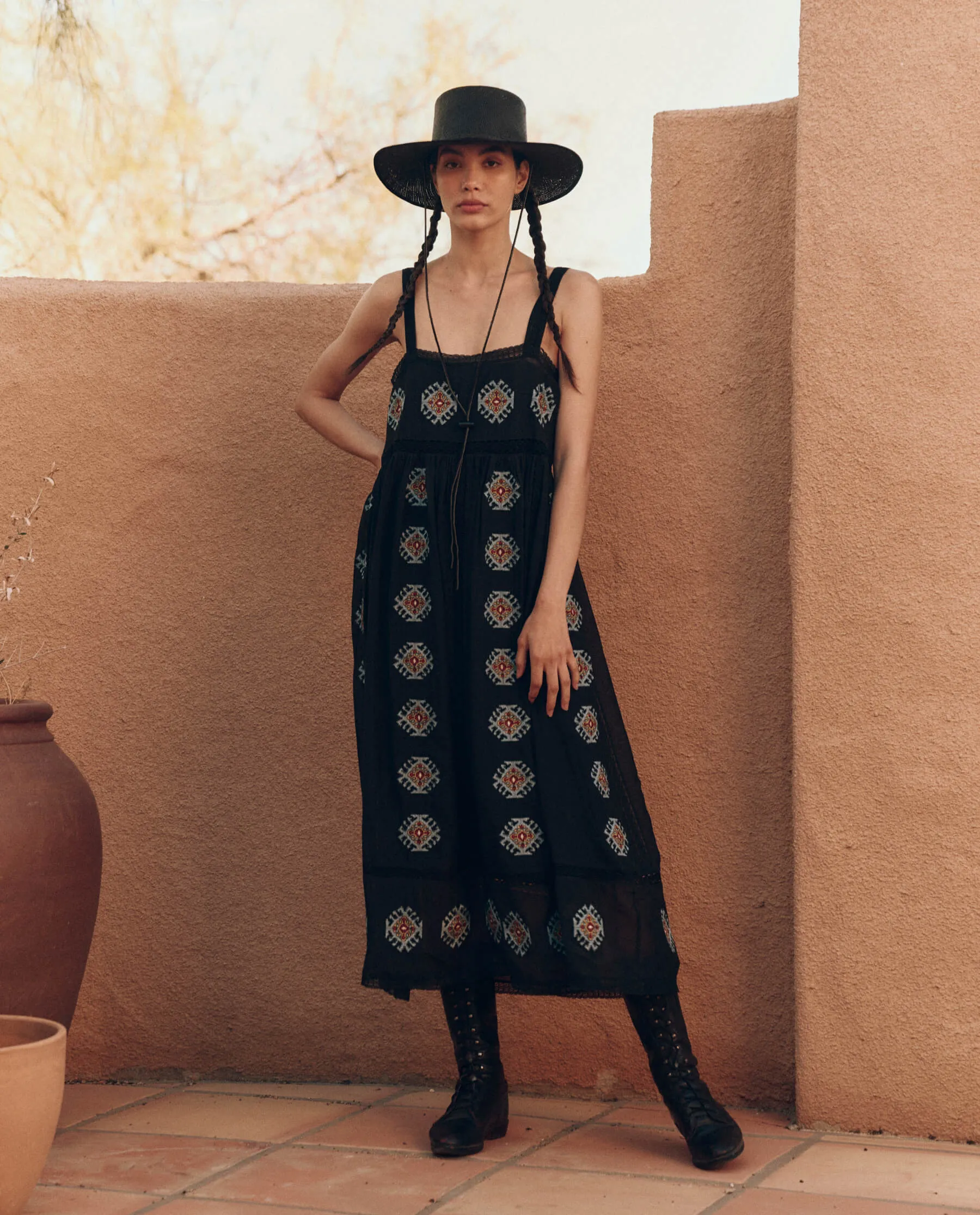 The Roam Dress with Folklore Embroidery. -- Black