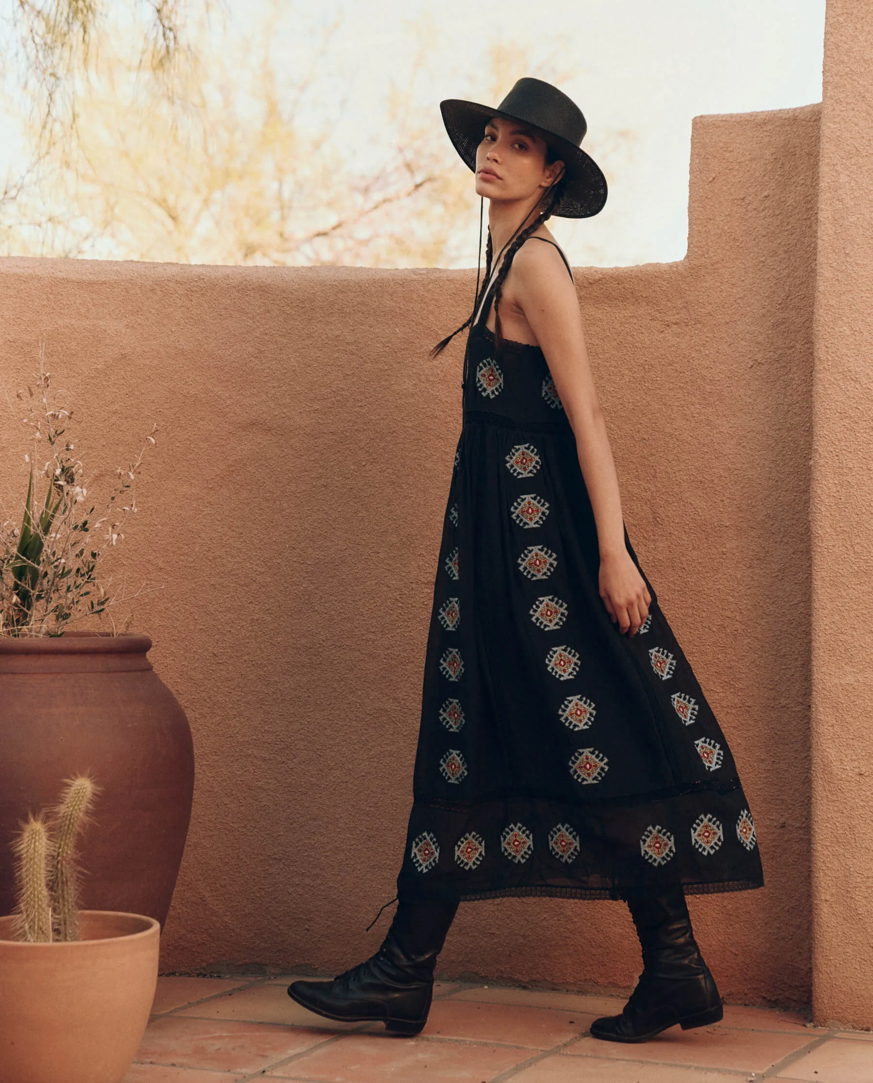 The Roam Dress with Folklore Embroidery. -- Black