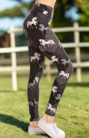 Womens Black Horse Leggings, Soft Yoga Pants, Sizes 0-20, Yoga Waist, Black/White