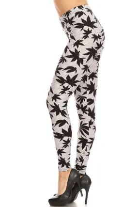 Women's Plus Allover Grey Black Cannabis Leaf Plant Pattern Printed Leggings