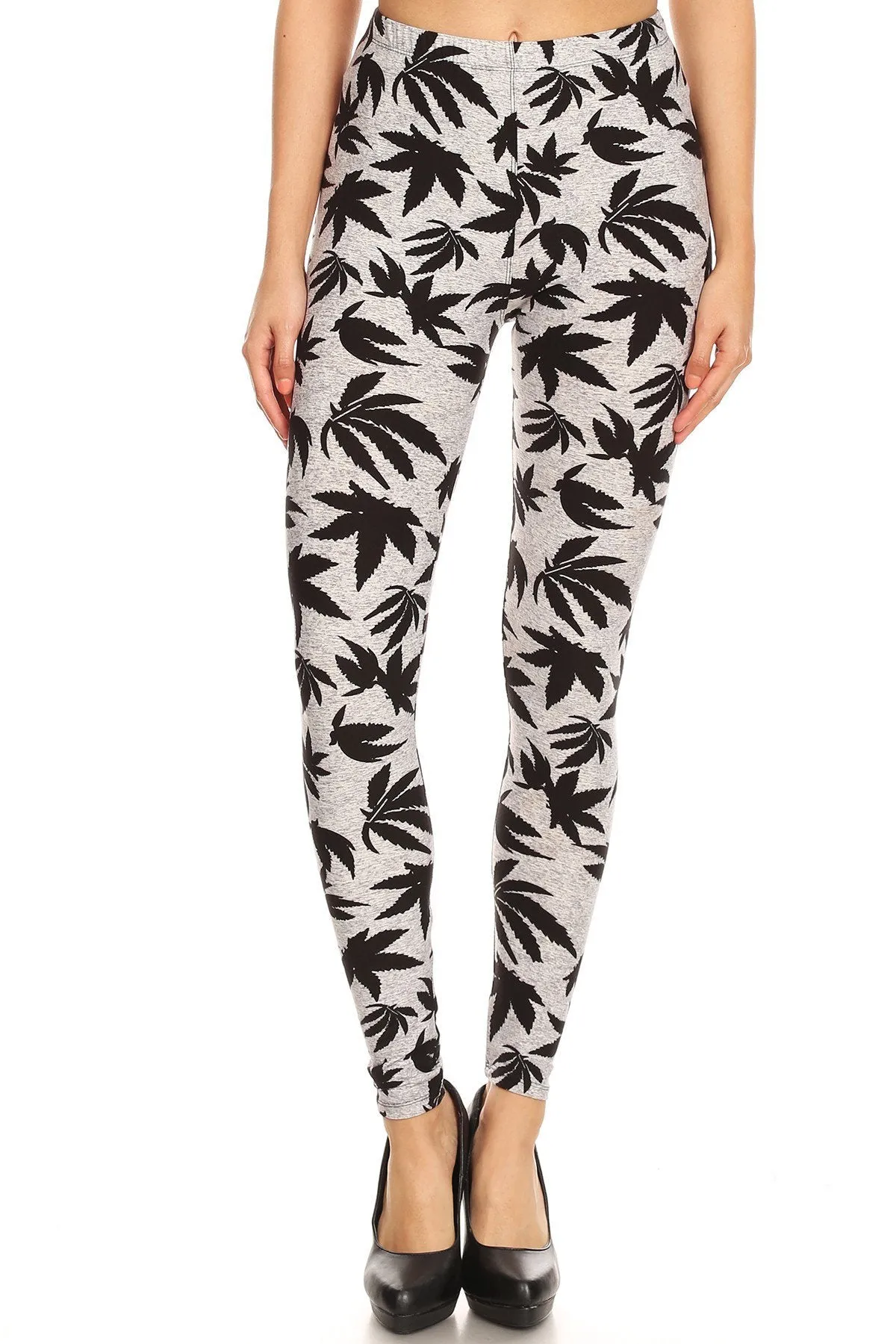 Women's Plus Allover Grey Black Cannabis Leaf Plant Pattern Printed Leggings