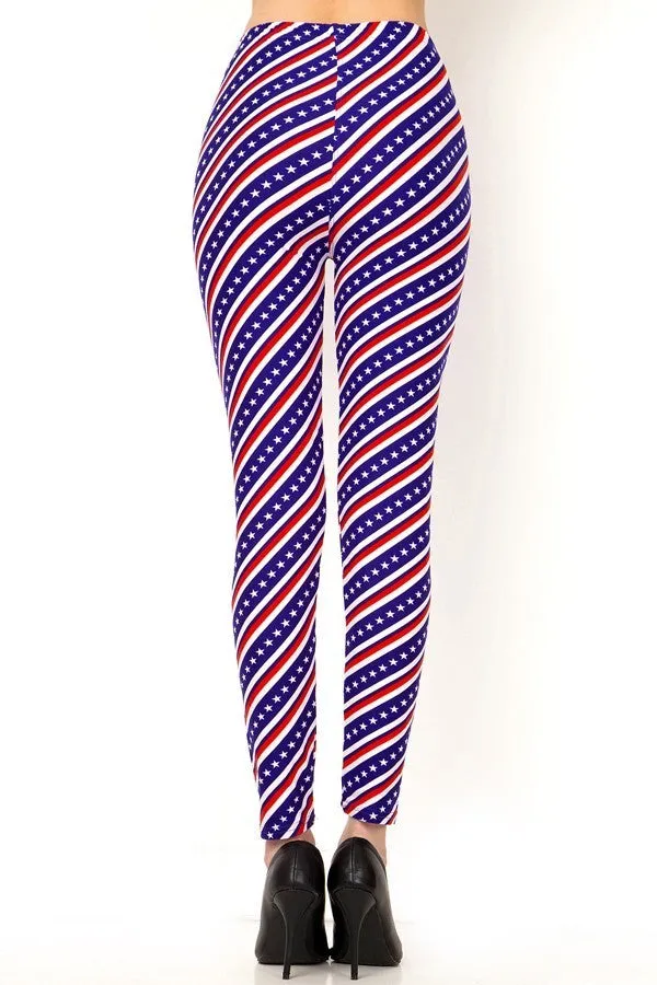 Women's Plus American Flag Diagonal 4th of July Pattern Printed Leggings