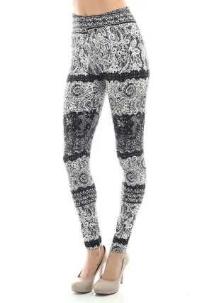 Women's Regular Abstract Flower Pattern Print Leggings - White Black