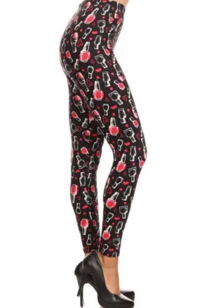 Womens Valentines Day Nail Polish Heart Leggings, Soft Yoga Pants, Sizes 0-18, Black/Red